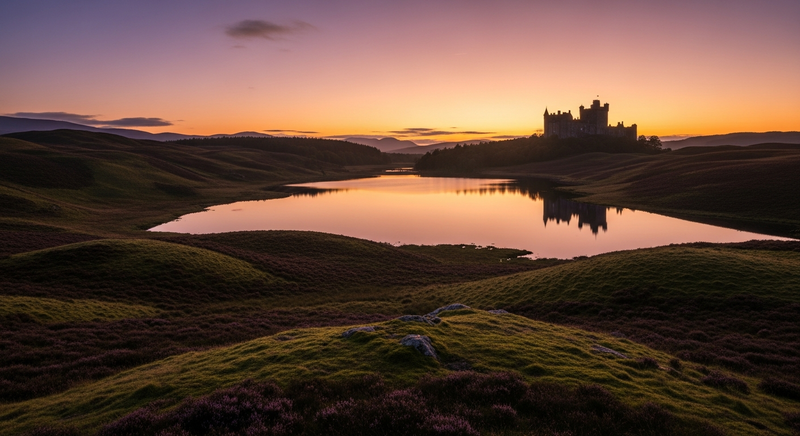 Scottish Highlands landscape at dusk, castle turrets reflected in still loch water, purple heather moorland in warm evening light