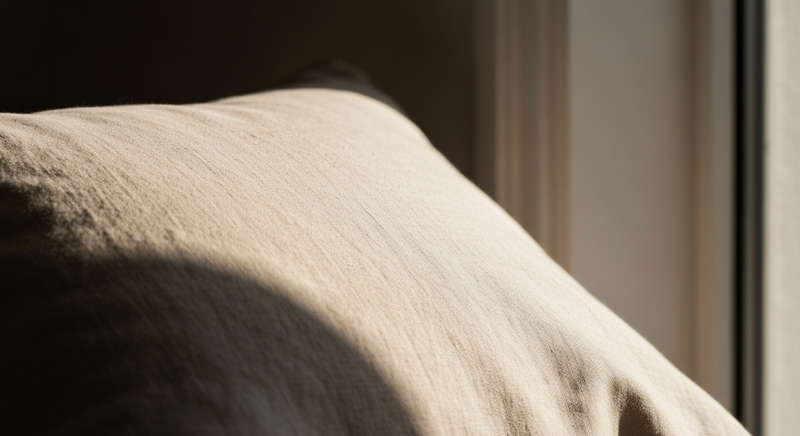 Pale morning light on bare linen pillowcase texture, warm neutral tones, editorial minimalist photography