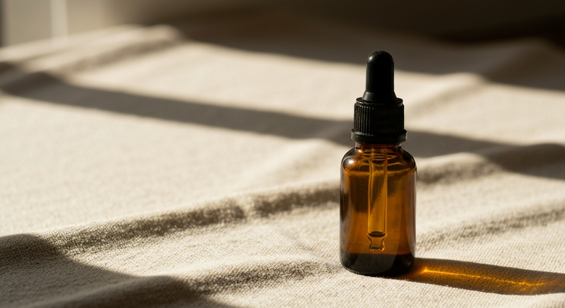 Small amber glass bottle with dropper on linen surface in warm morning light, editorial minimal still life