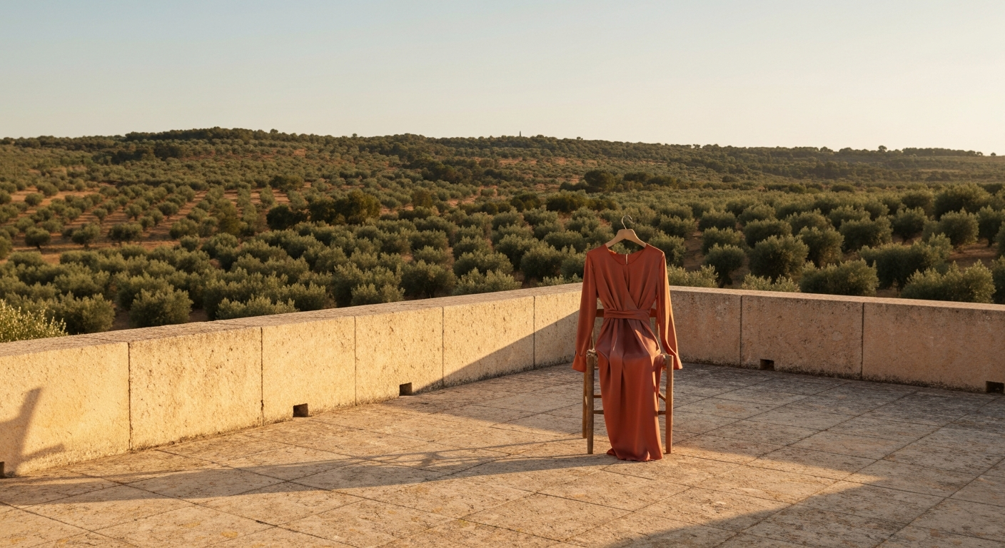 Stone quinta terrace in late afternoon sun, a terracotta-toned silk dress on a wooden chair, olive trees in soft focus behind