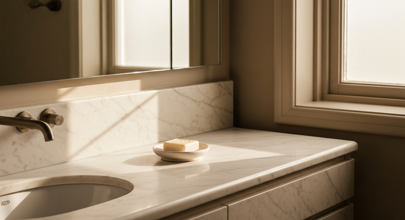 Cream bathroom vanity counter with single small item in warm morning light, editorial minimal still life photography