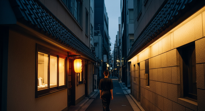 Ginza street at dusk, illuminated shopfronts, woman in dark silk dress walking away from camera, warm ambient light
