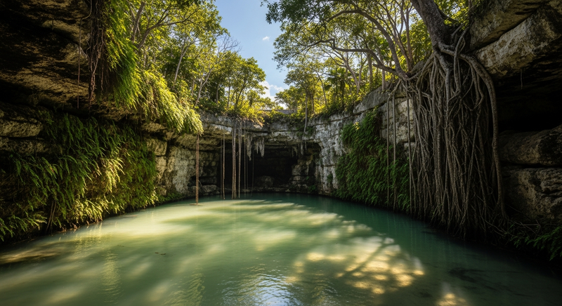 Dappled morning light through jungle canopy in Tulum, Mexico, pale stone ruins visible through green