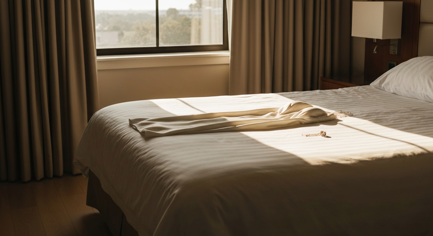 Pale morning window light across a white bed, a silk dress and small accessories laid flat on linen, warm neutral tones