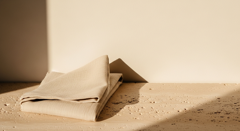 Close-up of fine fabric draped over warm stone surface, soft natural light, no text