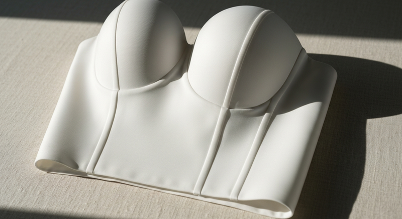Close detail of a white duchess satin dress bodice laid on a cream linen surface, morning studio light from the left