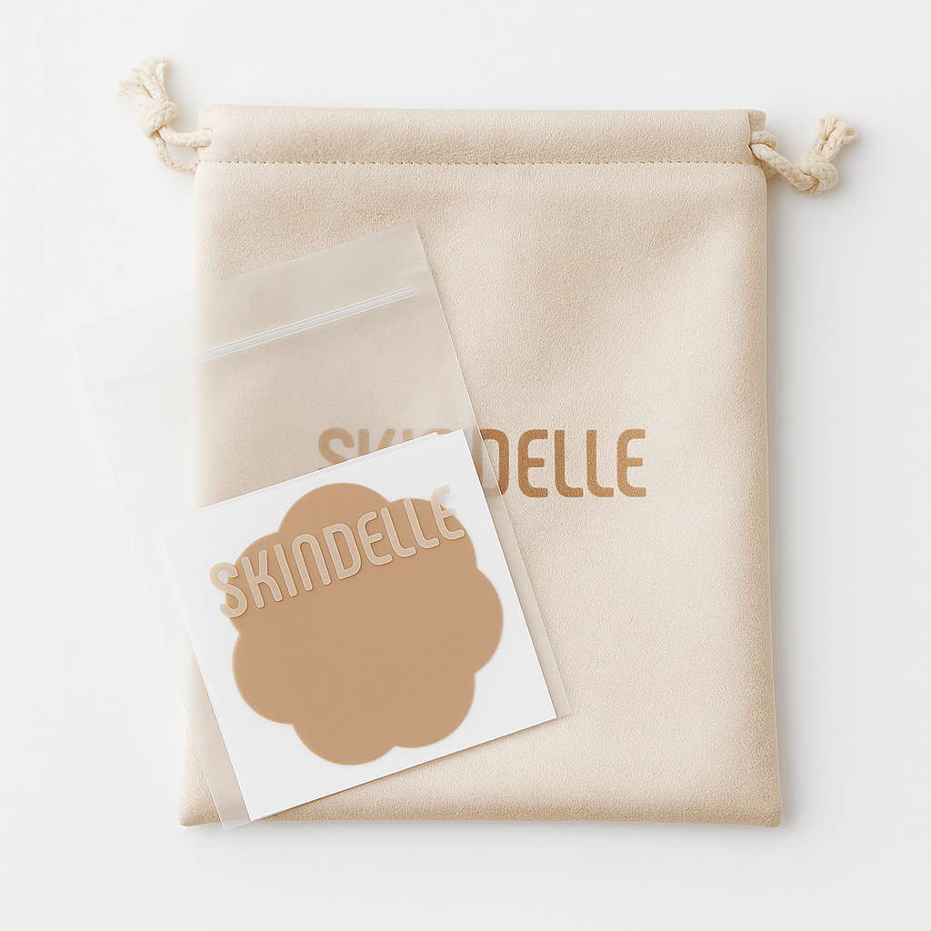 Skindelle signature suede pouch with ultra-thin nipple cover in studio backgorund