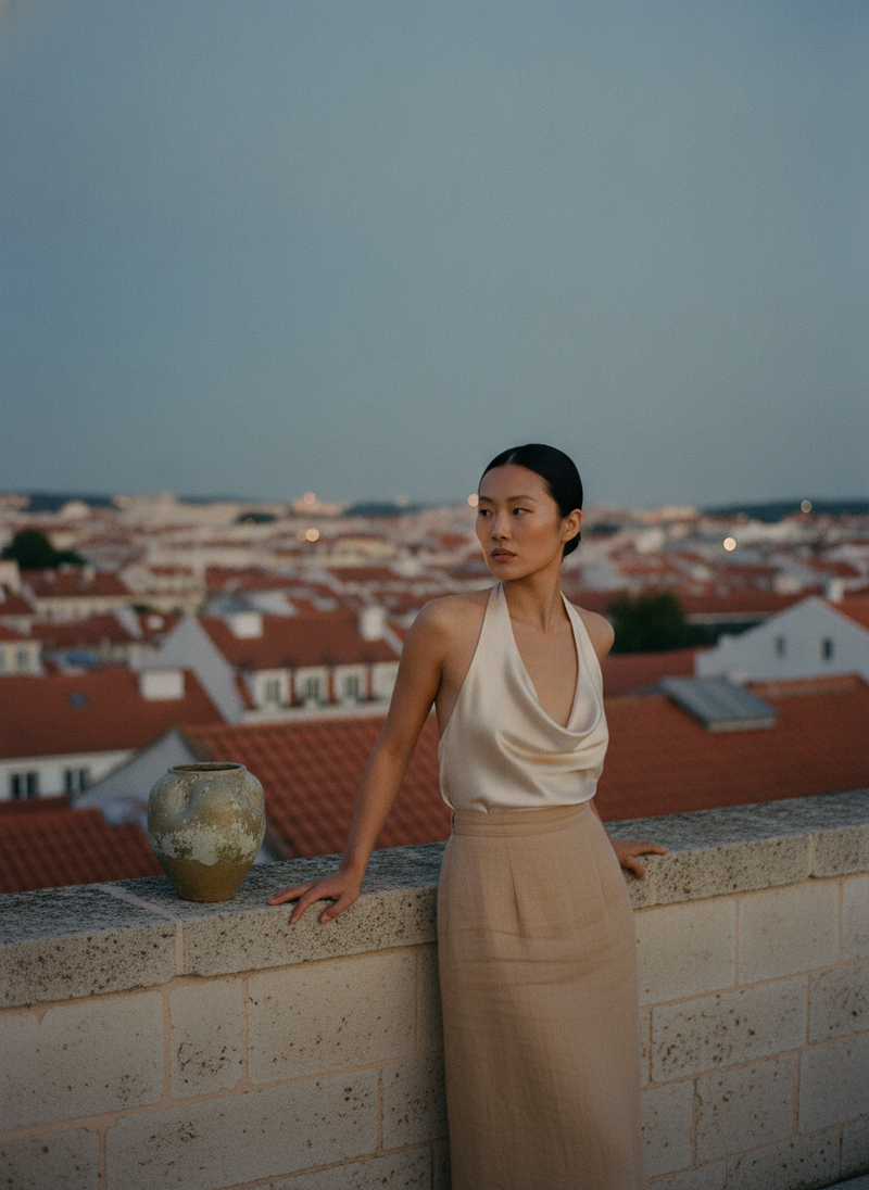 Woman in a silk halter top on a rooftop terrace at dusk