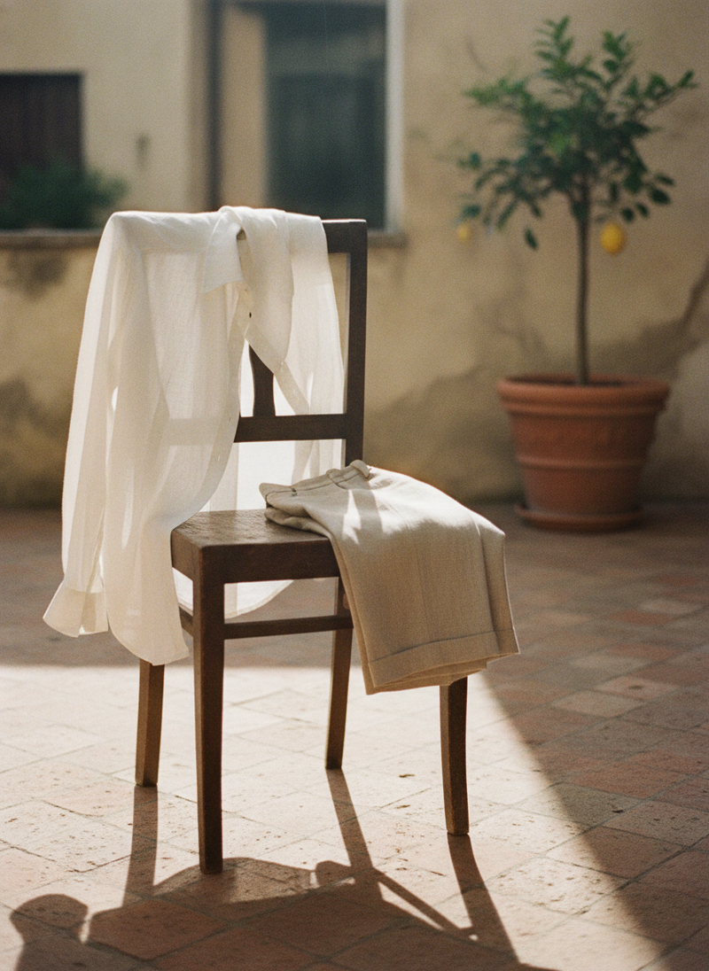 Camicia di lino bianca in controluce su una sedia di legno in un cortile italiano
