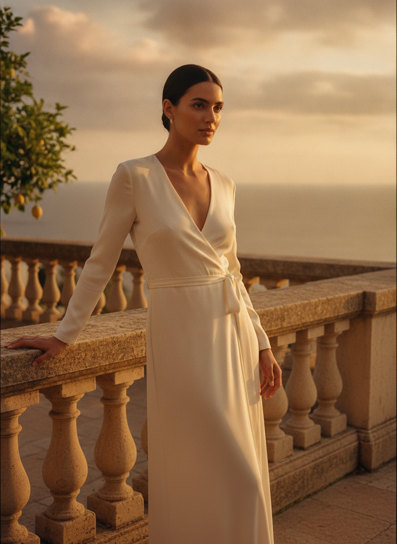 Woman in an ivory wrap dress on a stone balustrade terrace at golden hour
