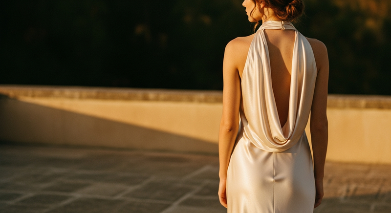 Woman in a champagne silk halter neck dress with a draped open back, on a stone terrace at dusk