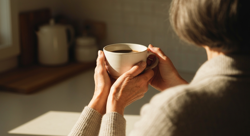 Woman's hands holding a ceramic cup in warm morning kitchen light, editorial warm tones, from behind, no face visible