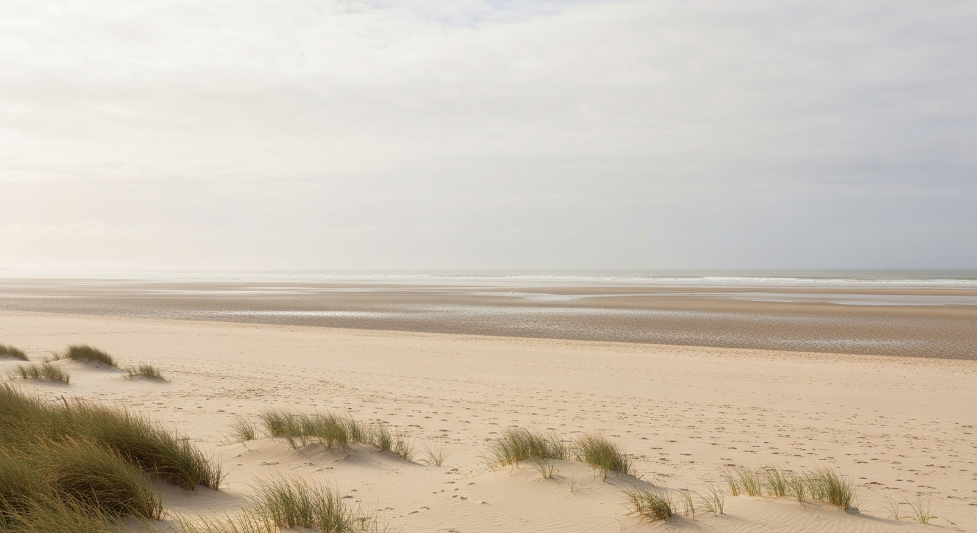 Early morning light across a white sand beach with rice grass and Atlantic dunes in the background, soft pale tones