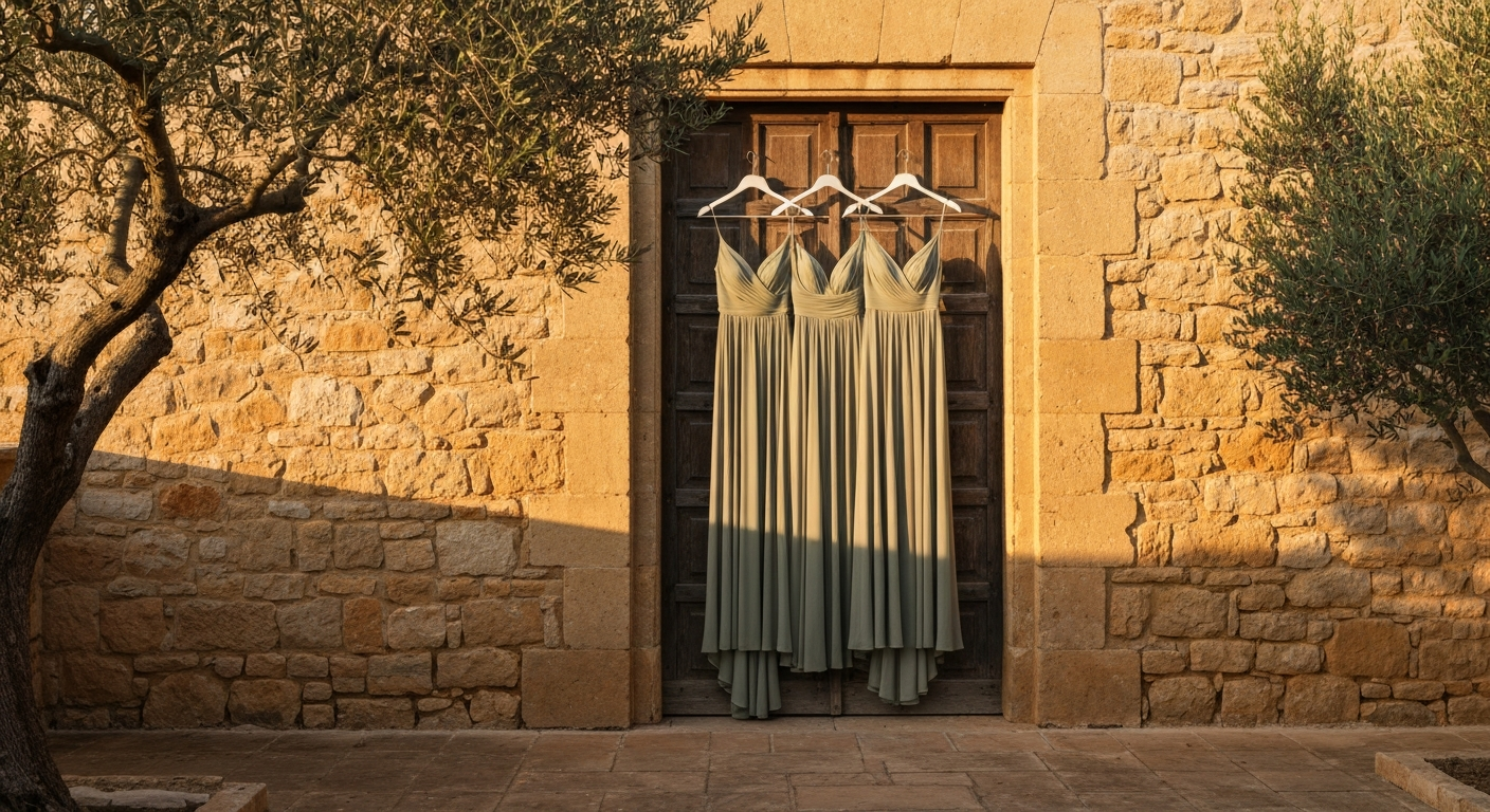 Afternoon light on a stone terrace, three dusty sage dresses hanging from an old wooden door, warm Mediterranean tones