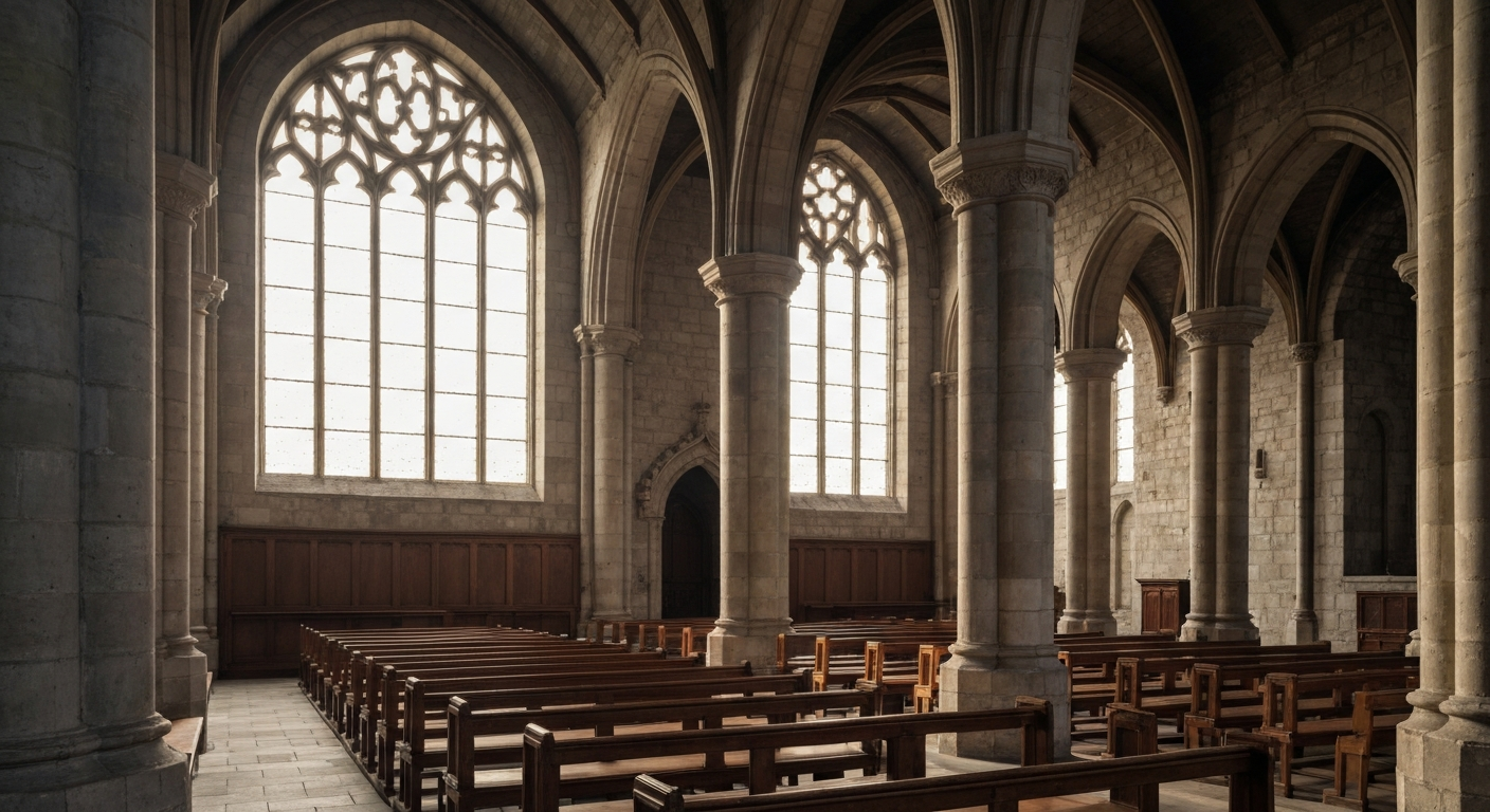 Interior of a stone church with tall arched windows and morning light falling across empty wooden pews