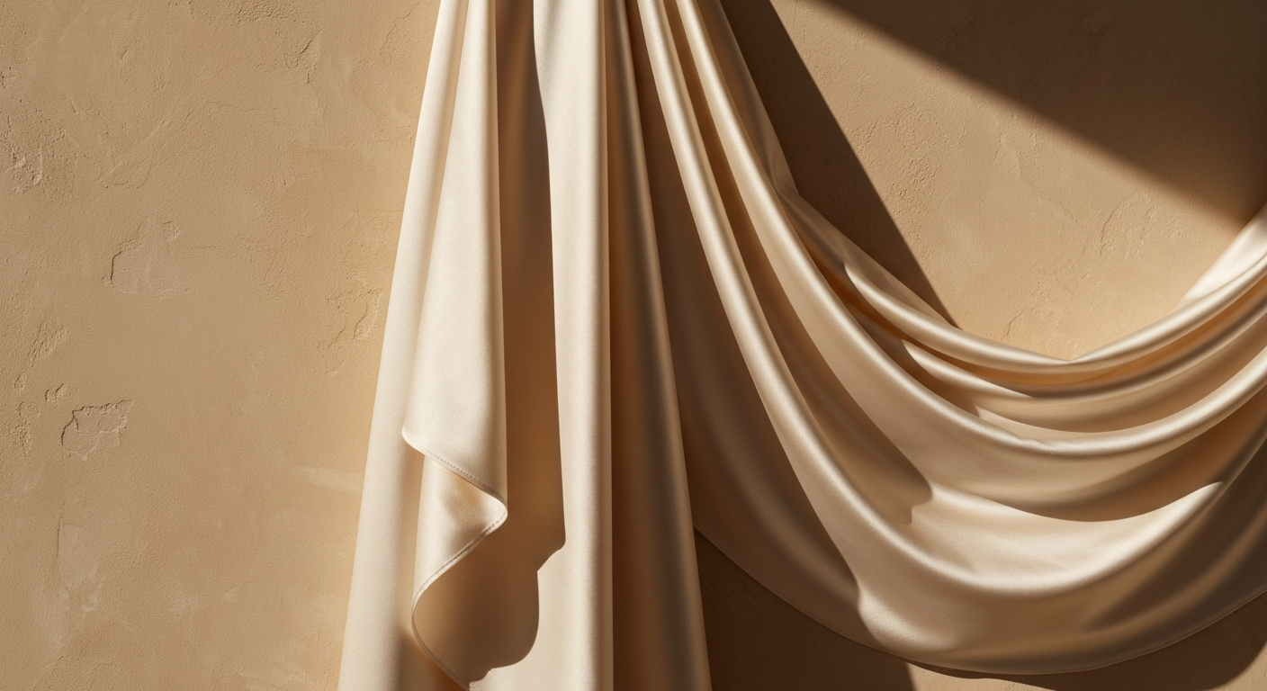 Draped cream satin fabric in soft studio natural light against warm plaster wall, editorial minimal fashion photography