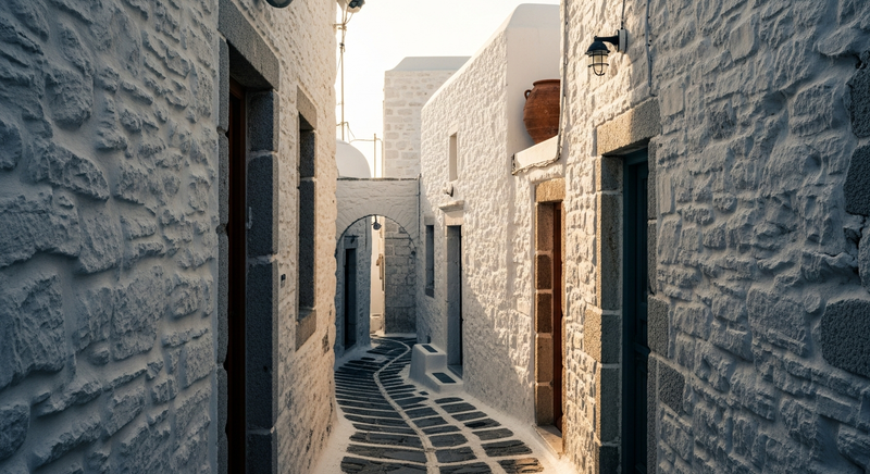 Morning light on pale stone lanes in a Cycladic village, narrow passageways and whitewashed walls
