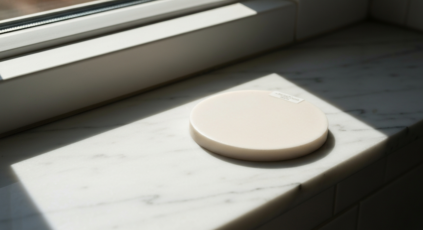 Soft flatlay of clean silicone material on warm linen surface, morning light, editorial minimalism