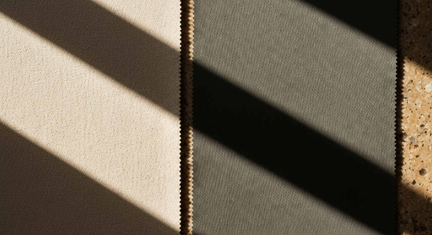 Two adjacent fabric textures in warm morning light, one slightly shiny, one completely matte, close editorial detail shot