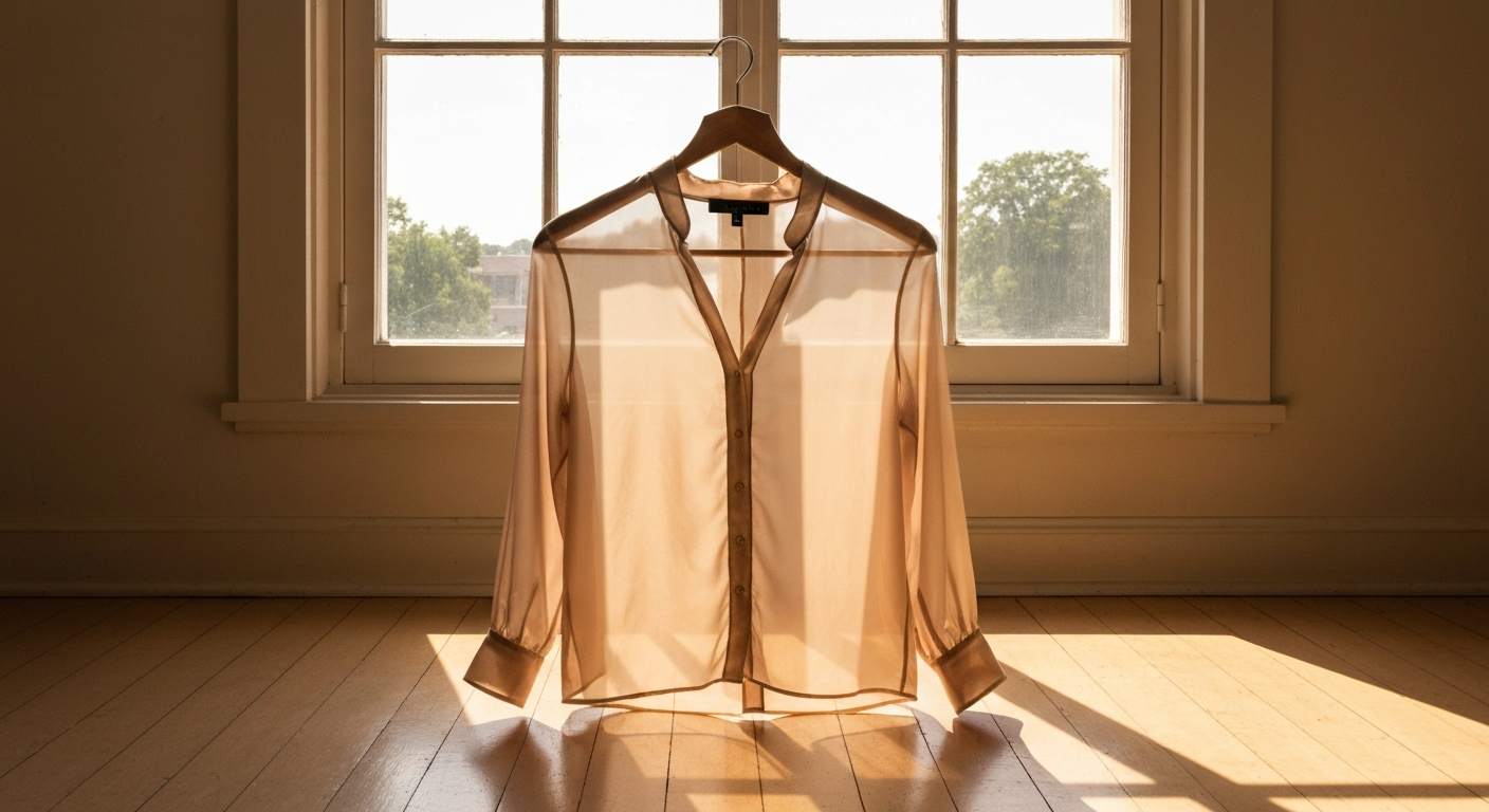 Sheer silk blouse on a simple wooden hanger in warm afternoon light, translucent fabric catching the light