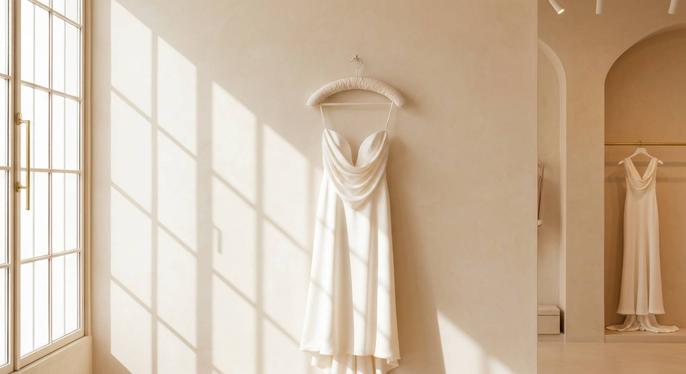 Bridal boutique interior, draped ivory gown on a hanger against warm cream wall, soft window light, elegant and minimal