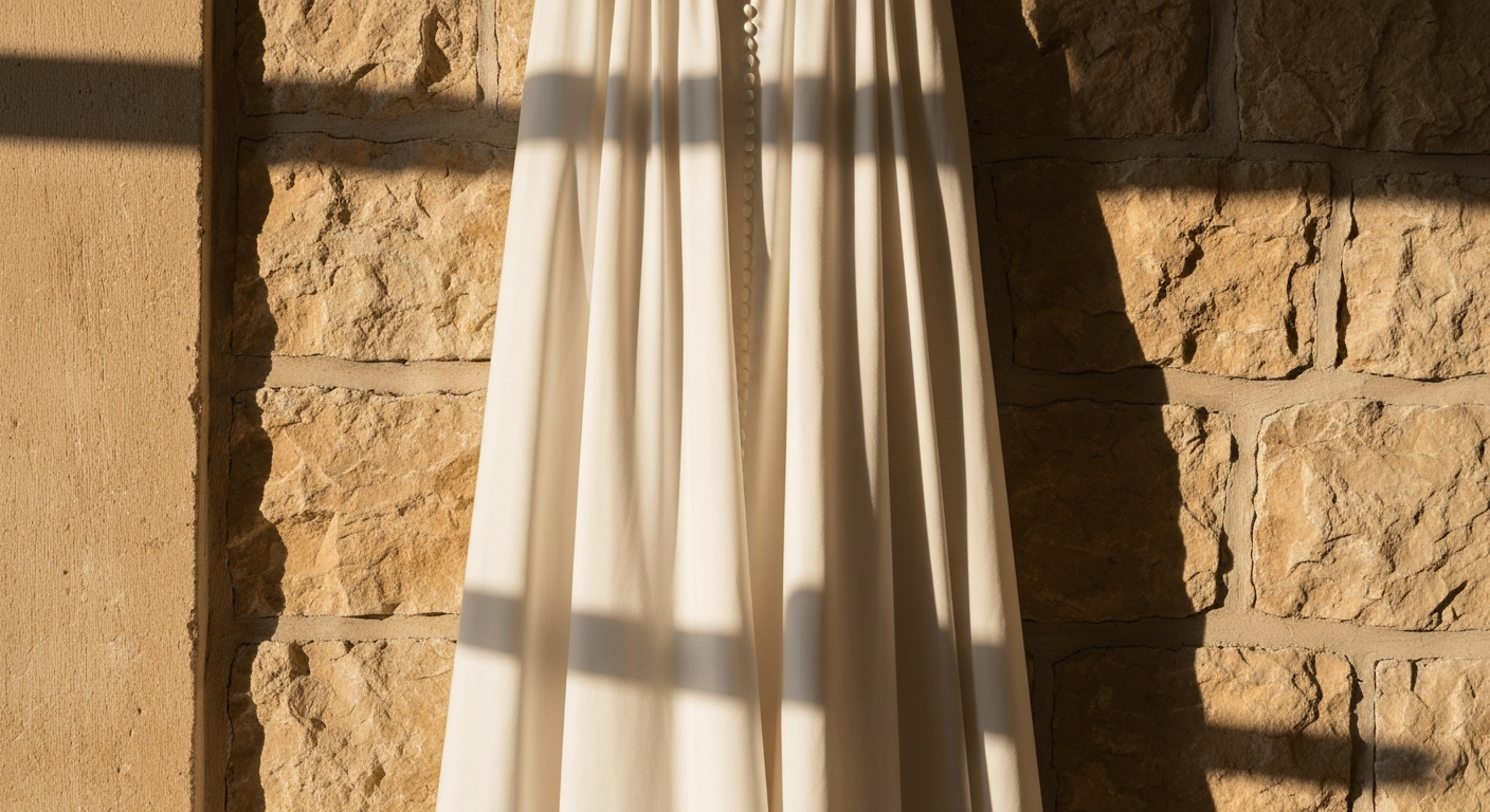 Pale bridal gown fabric draped on warm stone wall, morning window light, no faces, editorial clean aesthetic