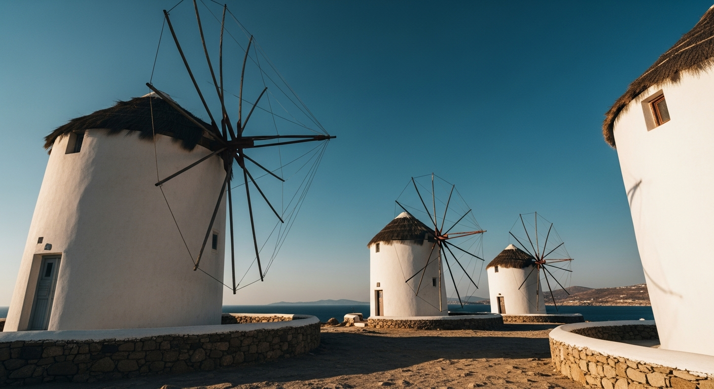 Venetian windmills above Chora in Mykonos, whitewashed cylindrical towers against blue sky, afternoon light