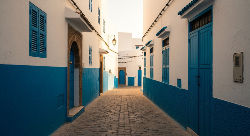 Essaouira medina whitewashed walls and blue wooden shutters in afternoon Atlantic light