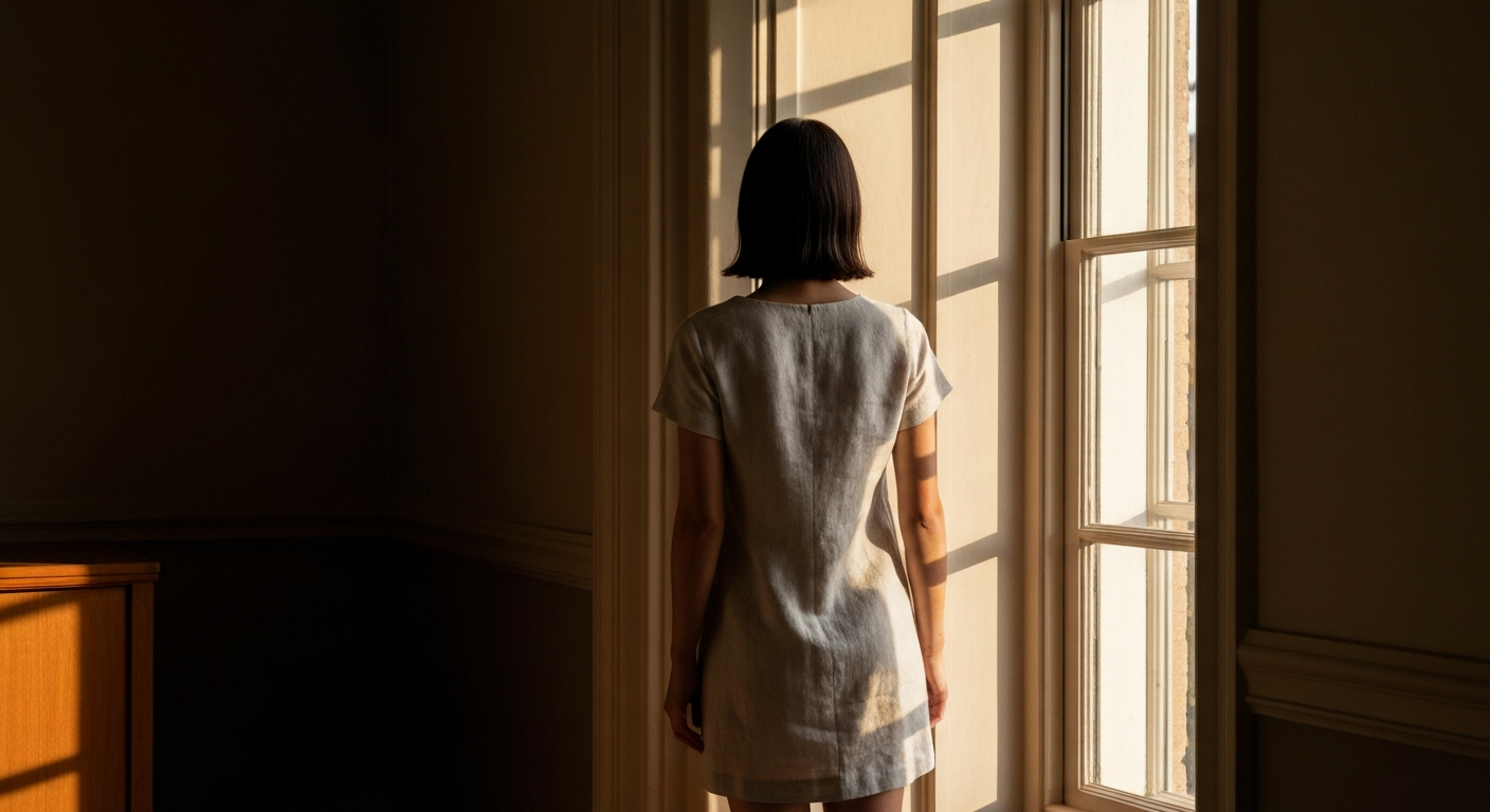 Woman from behind in light linen dress, standing at a large window, warm afternoon light, no face visible, editorial calm