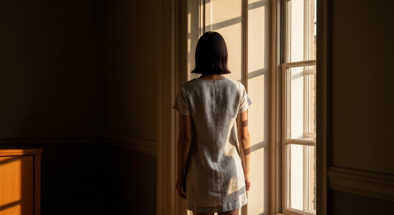 Woman from behind in light linen dress, standing at a large window, warm afternoon light, no face visible, editorial calm