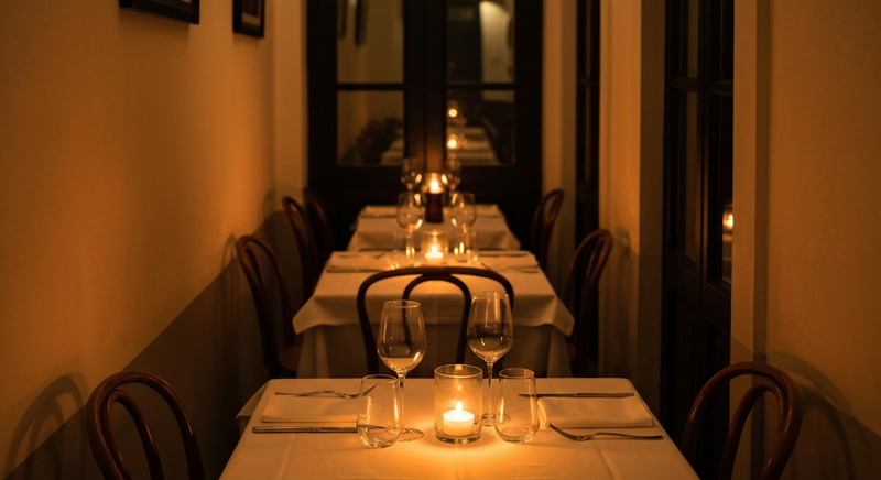 Woman in a dark evening dress at a candlelit restaurant table, warm amber light, empty second seat