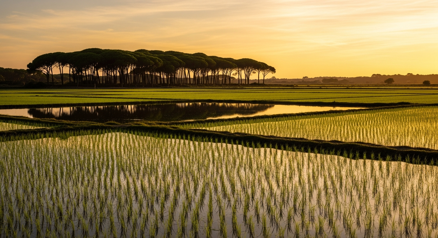 Green rice paddies reflecting late afternoon sky, stone pine forest edge, Comporta, golden hour light