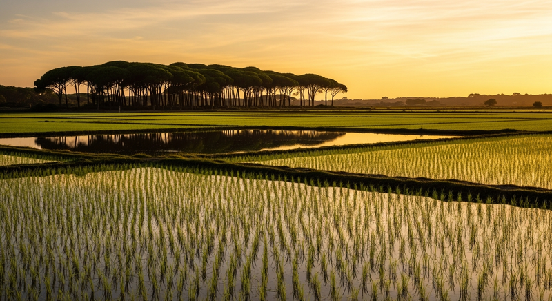 Green rice paddies reflecting late afternoon sky, stone pine forest edge, Comporta, golden hour light