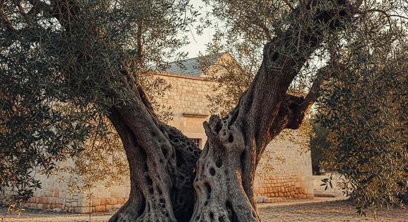 Stone masseria courtyard at dusk, ancient olive trees, warm amber light on ochre walls, Puglia