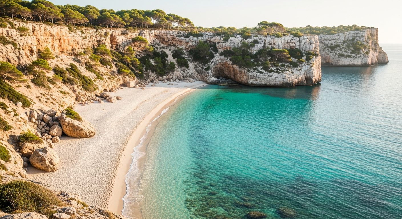 Turquoise cala in Menorca with white sand and pine trees, Mediterranean morning light