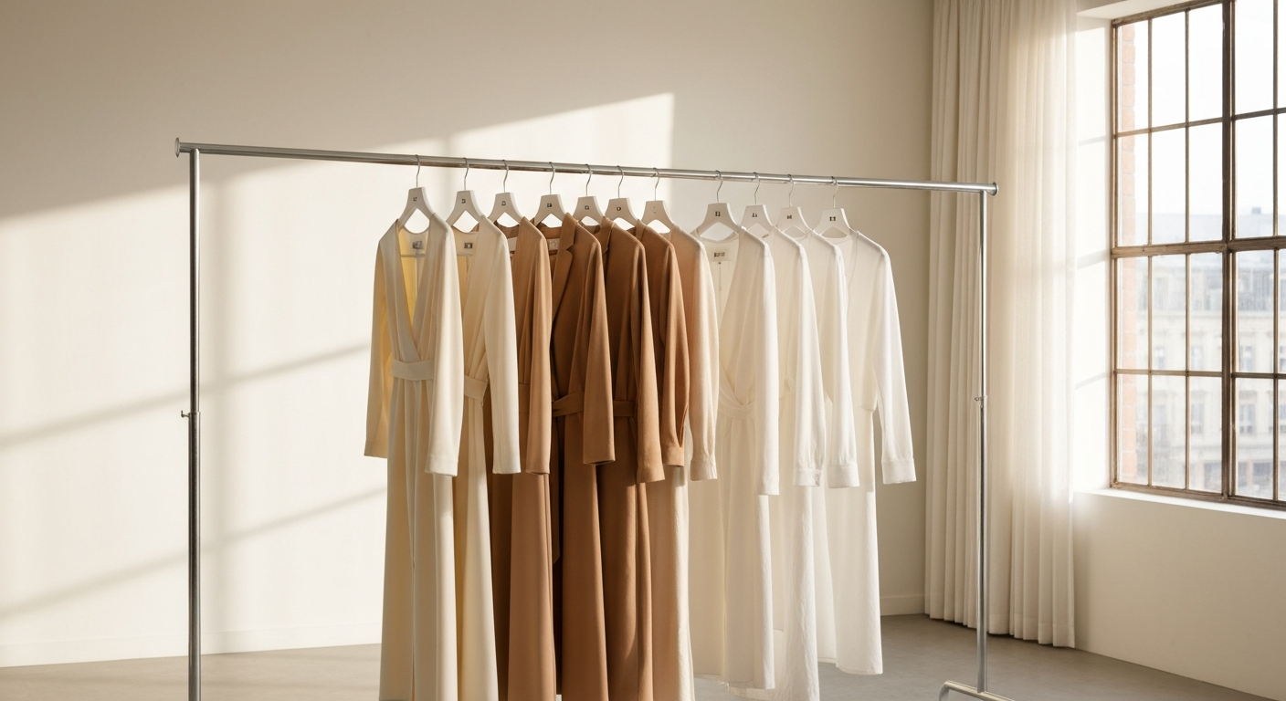 Editorial wardrobe rack with draped garments in neutral tones against a clean studio wall, warm natural light from the side