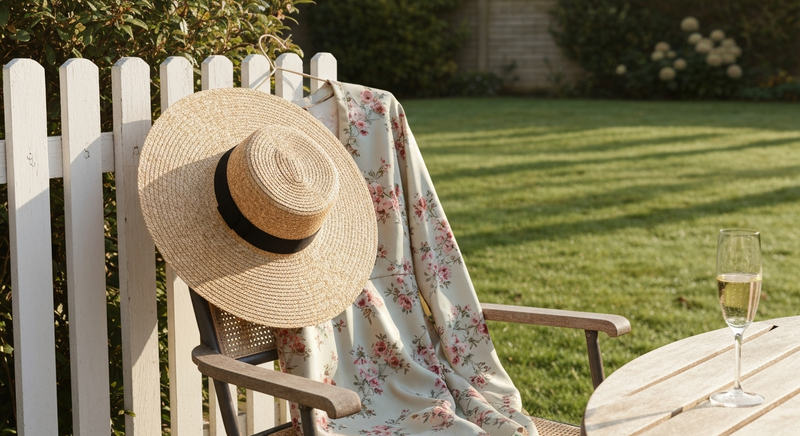 Wide-brim hat and floral silk dress on a garden chair, morning light on green lawn, champagne flute