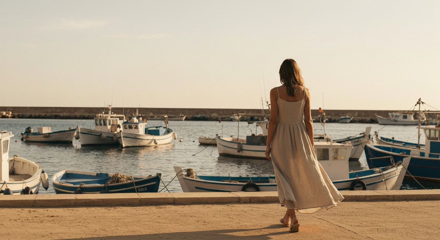Woman in a linen dress on a Mediterranean harbour terrace at golden hour, sea behind her, barefoot on stone