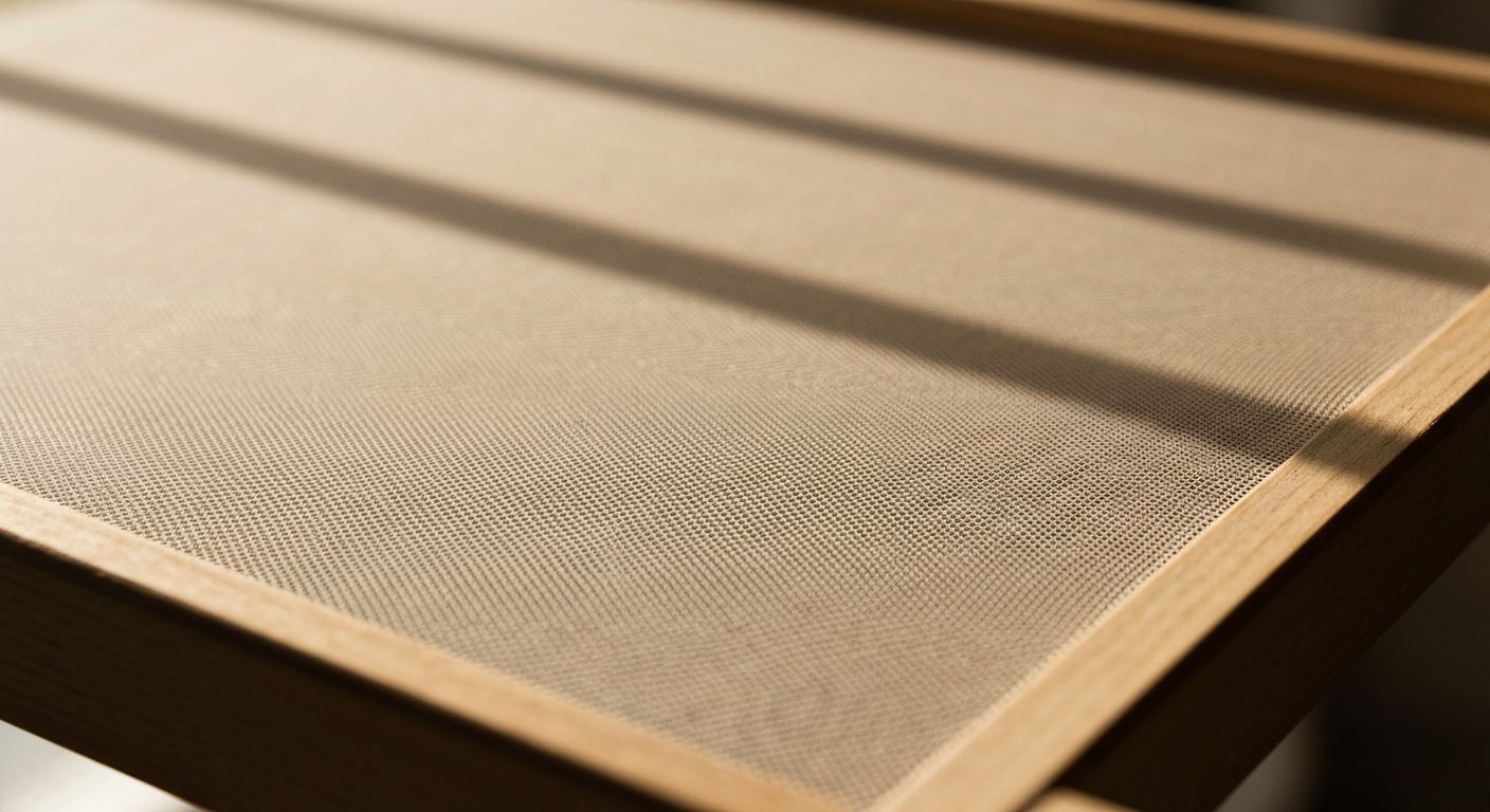Fine mesh fabric against warm light, textile detail, editorial photography, warm neutrals