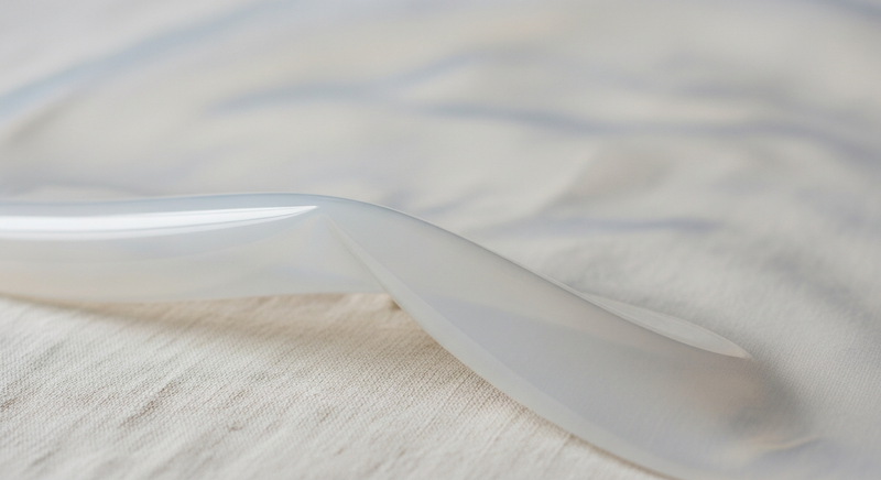 Translucent silicone material draped over warm linen fabric in soft natural light