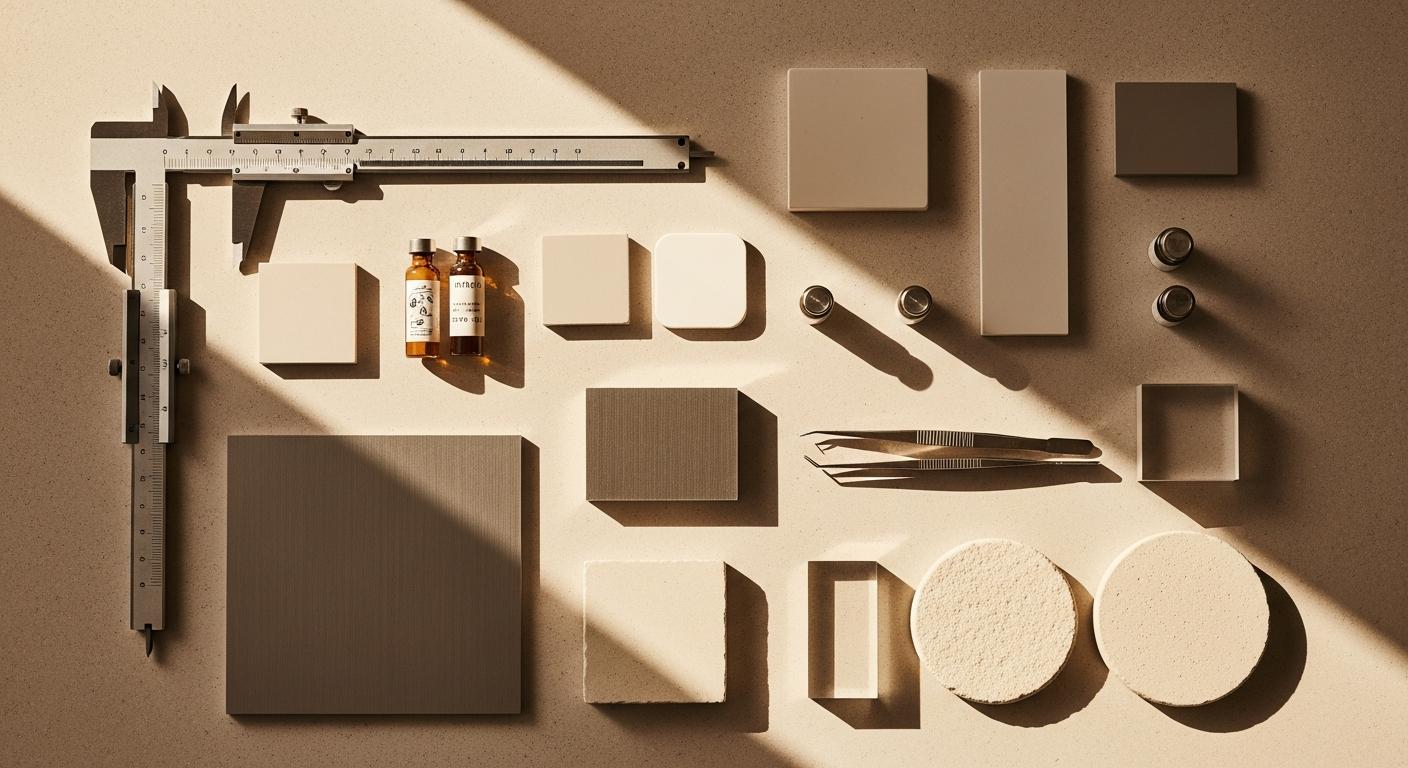 Precision instruments and material samples arranged in warm overhead flat-lay on pale surface