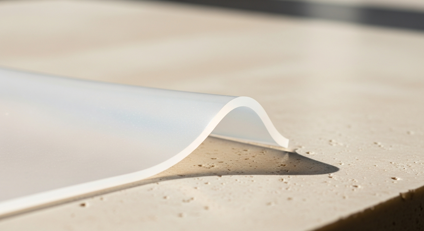 Edge of translucent silicone sheet lifting from pale stone surface in warm directional light