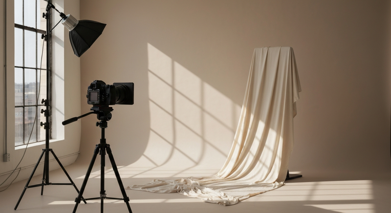 Editorial photography setup, photographer framing a shot of a draped garment in diffused natural studio light, professional and clean