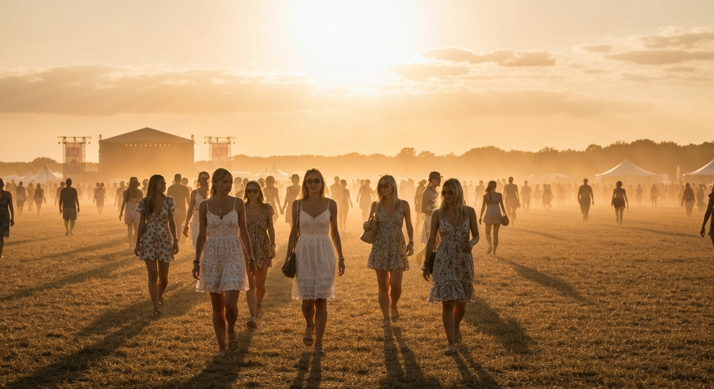 Women in summer dresses on a sunlit festival field, natural warm light, distant stage and crowd