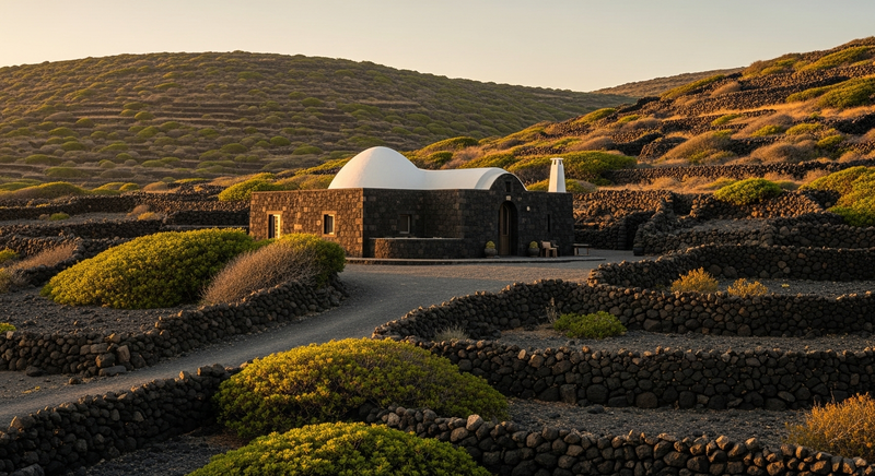 Black volcanic stone dammusi house with white domed roof, dry stone walls, Mediterranean scrub, warm afternoon light