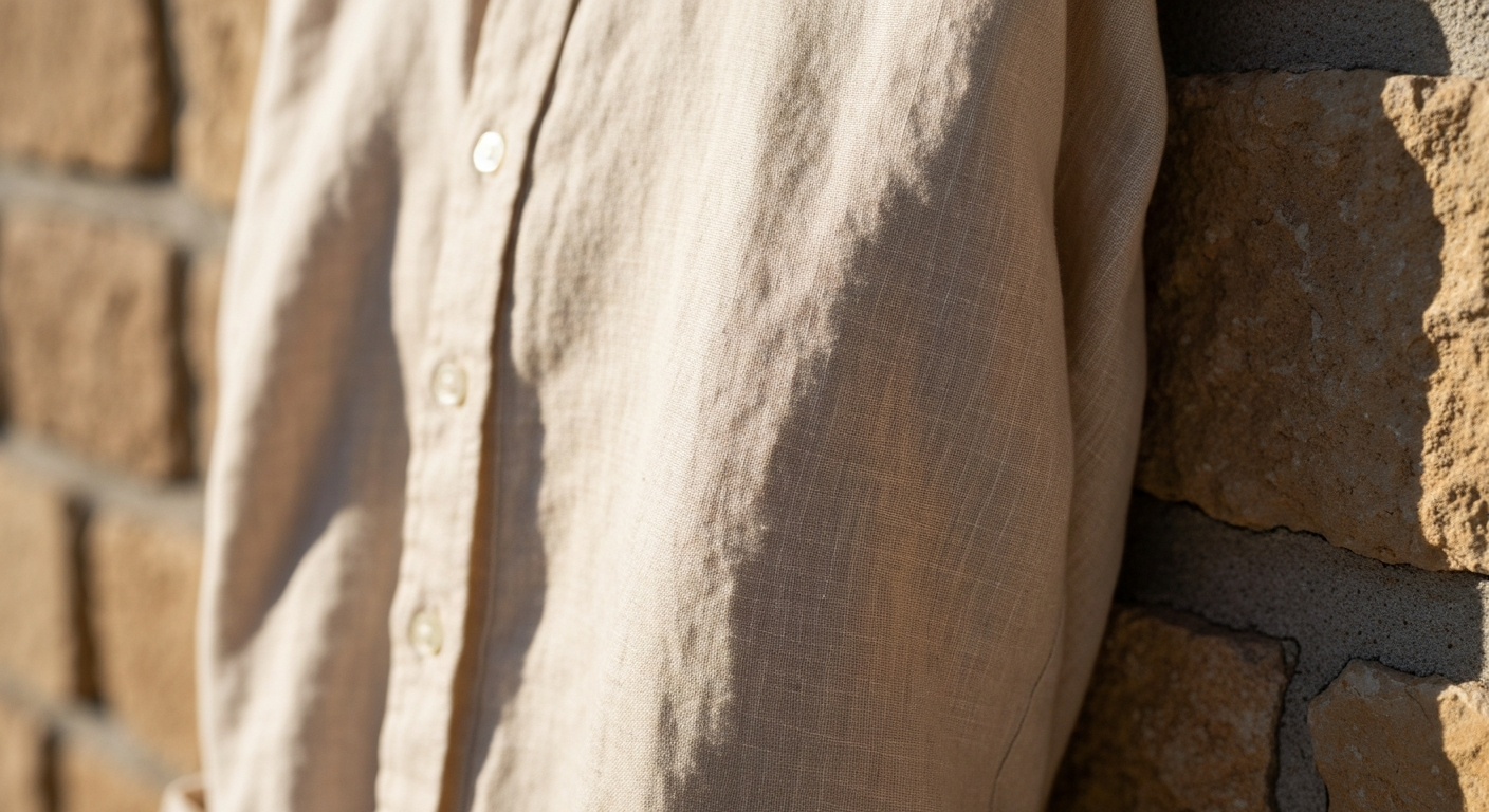 Linen shirt draped over a sun-warmed stone wall, Mediterranean light, warm neutral tones