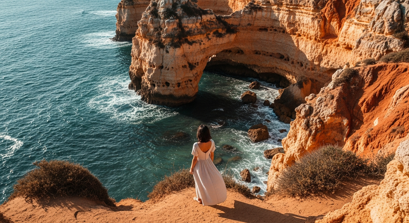 Golden limestone cliffs above Atlantic water, Algarve, woman in white linen dress on coastal path looking at sea