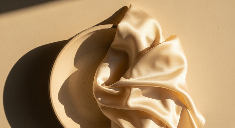 Pale ceramic surface and soft silk fabric in warm morning light, clean and quiet composition