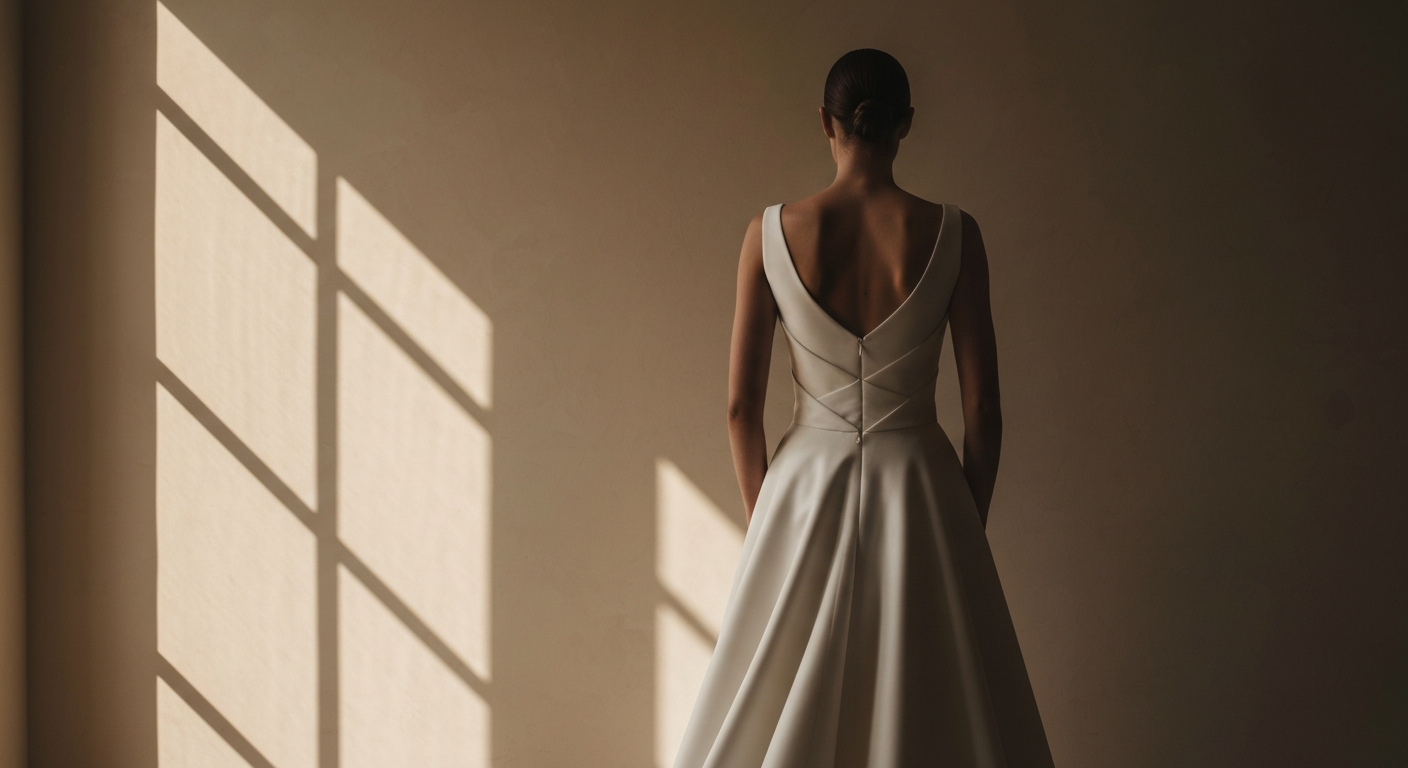 Stark architectural gown silhouette against pale warm plaster wall, dramatic side lighting, editorial high contrast