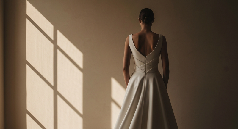 Stark architectural gown silhouette against pale warm plaster wall, dramatic side lighting, editorial high contrast